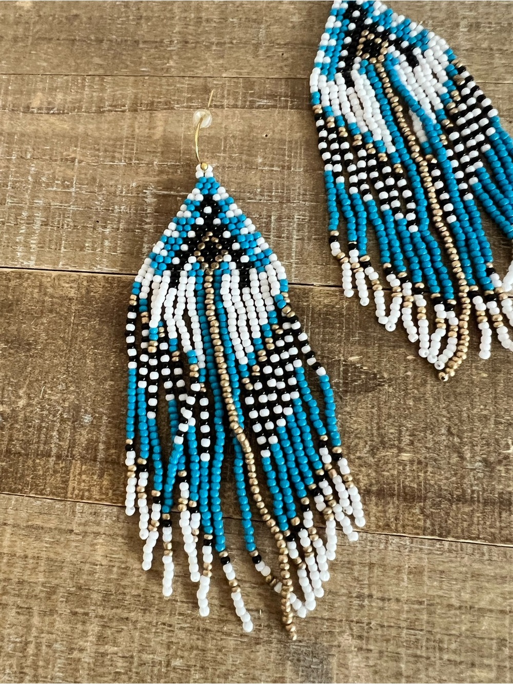 Blue White Beaded Fringe Tassel Earrings Boho Western Cowgirl - Picture 5 of 8